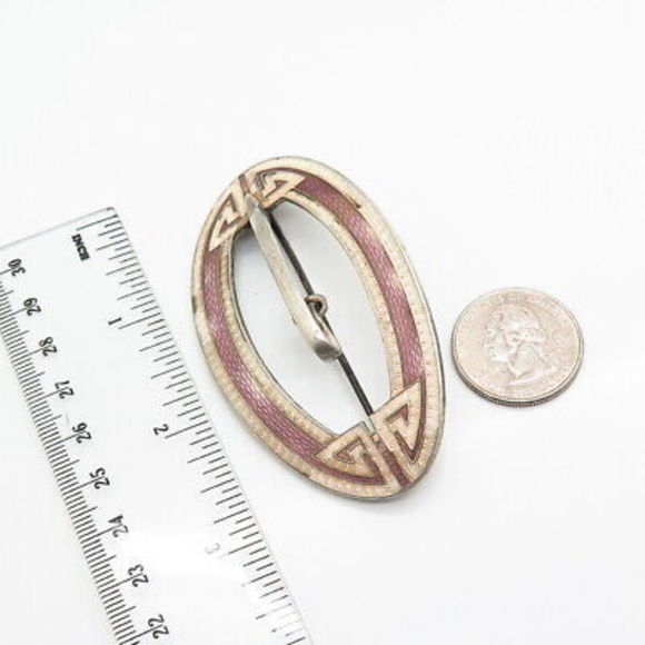 925 Sterling Silver Antique Enamel Oval Belt Buckle Design Pin Brooch